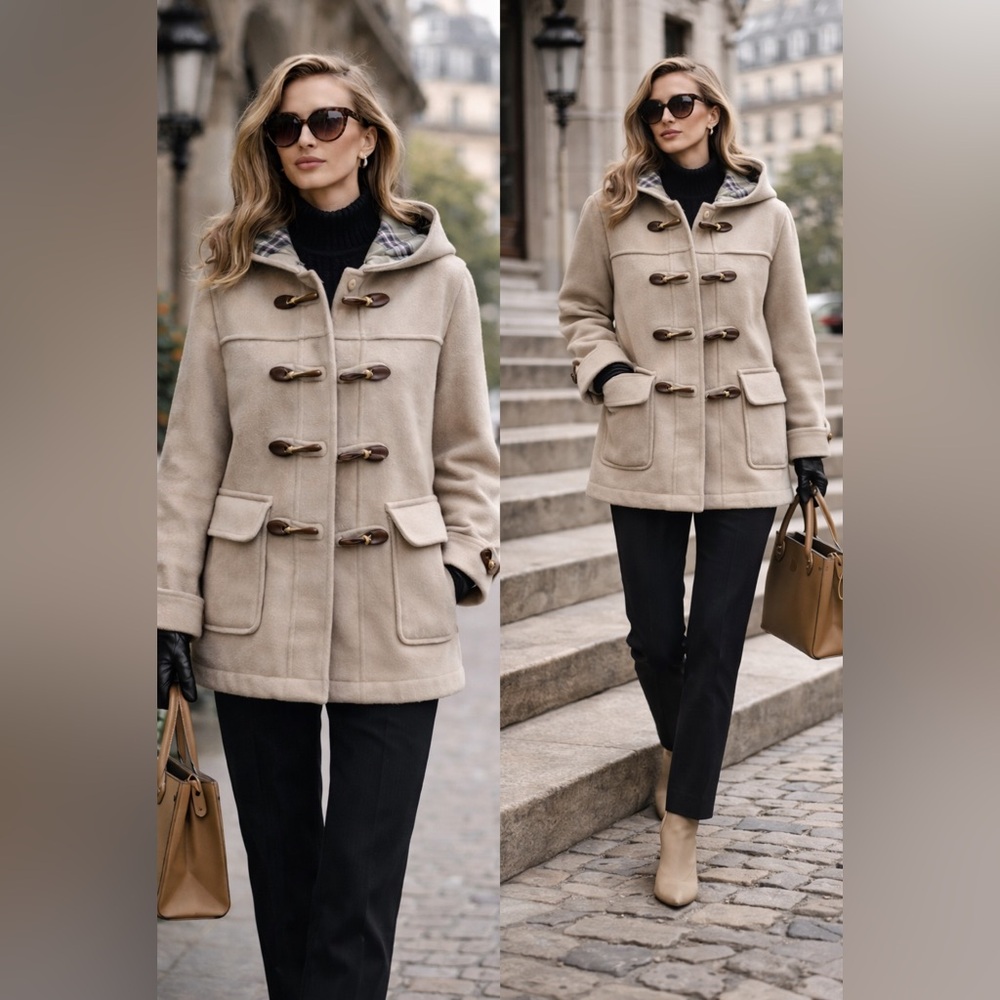 J. Roberts New York Beige Wool Duffle Coat Hooded Toggle Jacket Women Medium